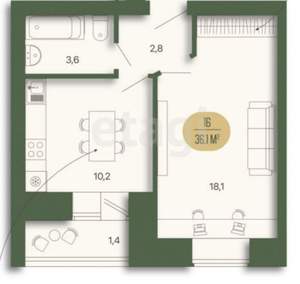 1-к квартира, вторичка, 35м2, 5/9 этаж