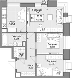 3-к квартира, вторичка, 65м2, 11/24 этаж