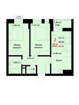 2-к квартира, строящийся дом, 51м2, 8/10 этаж