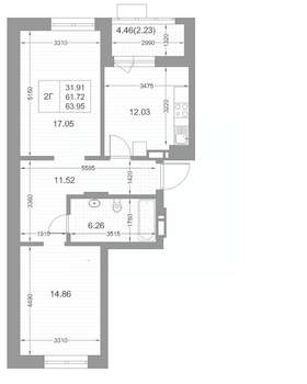 2-к квартира, вторичка, 64м2, 3/17 этаж