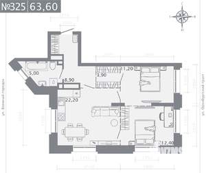2-к квартира, строящийся дом, 64м2, 18/25 этаж