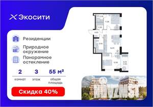 2-к квартира, вторичка, 55м2, 3/8 этаж