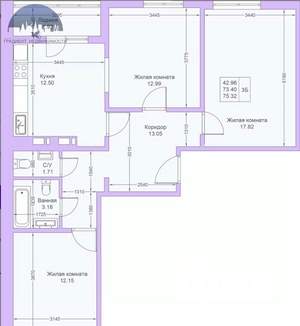 3-к квартира, вторичка, 75м2, 2/19 этаж