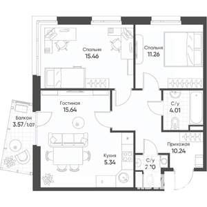 3-к квартира, строящийся дом, 65м2, 9/17 этаж