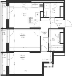 2-к квартира, вторичка, 58м2, 24/25 этаж