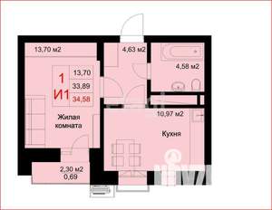1-к квартира, строящийся дом, 35м2, 5/12 этаж