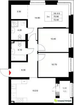 3-к квартира, вторичка, 72м2, 7/22 этаж