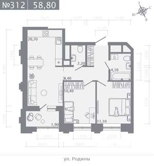 2-к квартира, строящийся дом, 59м2, 20/23 этаж