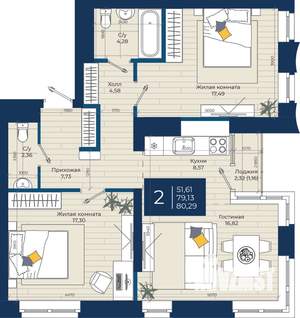 2-к квартира, вторичка, 80м2, 8/20 этаж