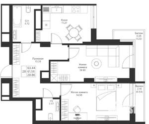 2-к квартира, вторичка, 63м2, 9/25 этаж