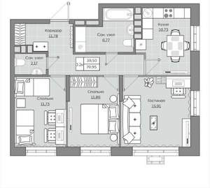 3-к квартира, вторичка, 71м2, 13/19 этаж
