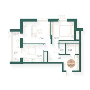2-к квартира, строящийся дом, 63м2, 15/24 этаж