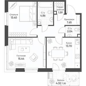 2-к квартира, вторичка, 60м2, 2/18 этаж