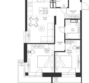 2-к квартира, вторичка, 61м2, 9/24 этаж