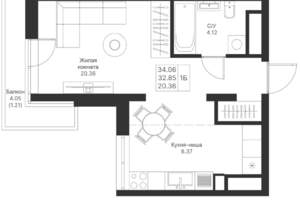 1-к квартира, вторичка, 34м2, 21/25 этаж