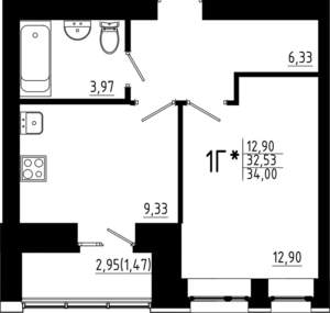 1-к квартира, строящийся дом, 34м2, 9/23 этаж
