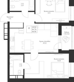 2-к квартира, вторичка, 67м2, 4/23 этаж