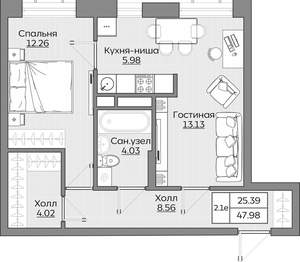 2-к квартира, вторичка, 48м2, 8/24 этаж