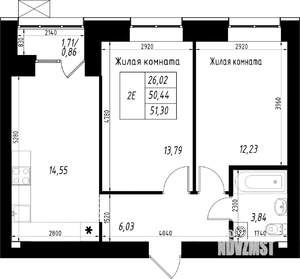 2-к квартира, строящийся дом, 51м2, 3/10 этаж