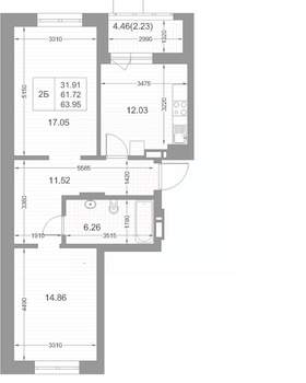 2-к квартира, вторичка, 63м2, 3/17 этаж