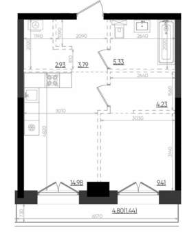 1-к квартира, строящийся дом, 42м2, 4/19 этаж