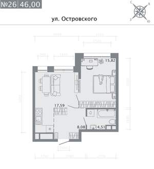 1-к квартира, строящийся дом, 46м2, 4/8 этаж