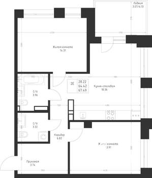 2-к квартира, вторичка, 67м2, 2/23 этаж