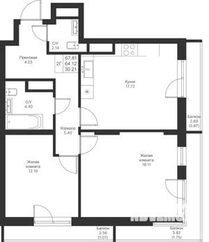 2-к квартира, вторичка, 68м2, 19/24 этаж