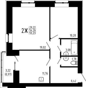 2-к квартира, строящийся дом, 55м2, 3/23 этаж