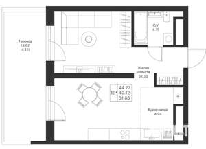 1-к квартира, вторичка, 44м2, 4/25 этаж