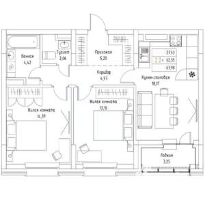 2-к квартира, вторичка, 64м2, 2/9 этаж