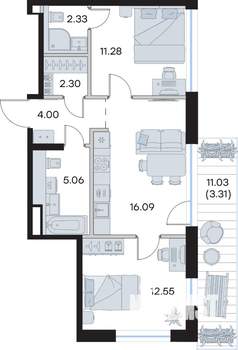 2-к квартира, вторичка, 57м2, 4/8 этаж