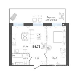 1-к квартира, строящийся дом, 59м2, 2/5 этаж