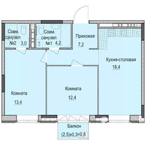 2-к квартира, строящийся дом, 59м2, 2/14 этаж