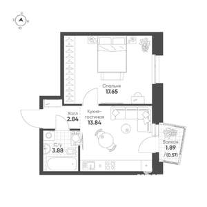 1-к квартира, строящийся дом, 39м2, 4/19 этаж