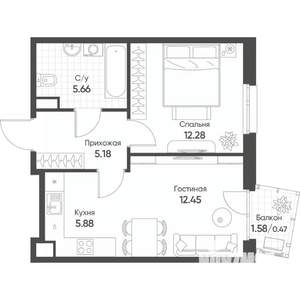 2-к квартира, строящийся дом, 42м2, 4/17 этаж