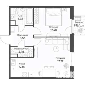 2-к квартира, строящийся дом, 48м2, 5/18 этаж