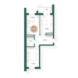 2-к квартира, строящийся дом, 58м2, 2/17 этаж