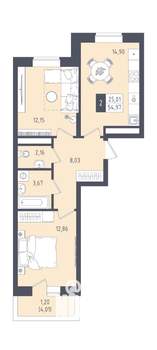 2-к квартира, вторичка, 55м2, 4/22 этаж