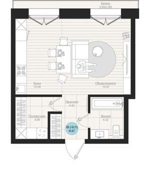 Студия квартира, строящийся дом, 41м2, 7/19 этаж
