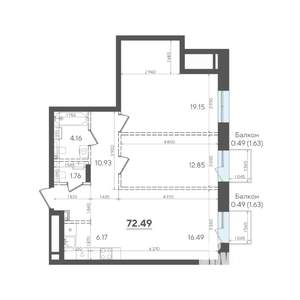 2-к квартира, строящийся дом, 72м2, 4/4 этаж