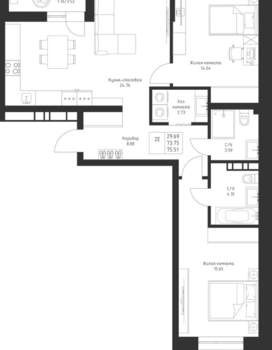 2-к квартира, вторичка, 76м2, 3/23 этаж