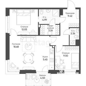 3-к квартира, вторичка, 69м2, 6/21 этаж