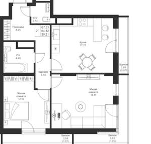 2-к квартира, строящийся дом, 68м2, 18/25 этаж