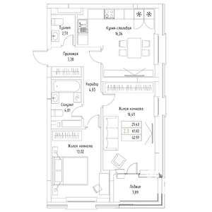2-к квартира, вторичка, 63м2, 1/9 этаж