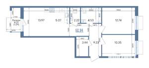 2-к квартира, вторичка, 63м2, 5/13 этаж