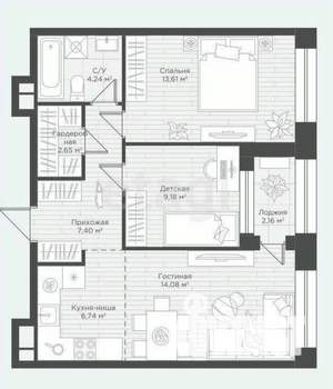 2-к квартира, вторичка, 57м2, 17/25 этаж