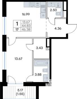 1-к квартира, вторичка, 46м2, 3/8 этаж