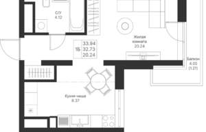 1-к квартира, вторичка, 34м2, 17/24 этаж