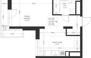1-к квартира, вторичка, 34м2, 21/25 этаж